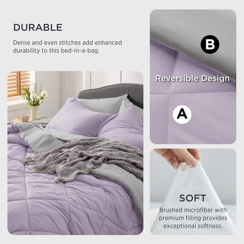 Juego Edredon Y Ropa De Cama Individual Color Lila Y Gris