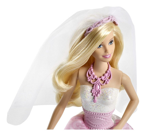 Muñeca Barbie De Novia En Vestido Blanco Y Rosa Con Velo Y R