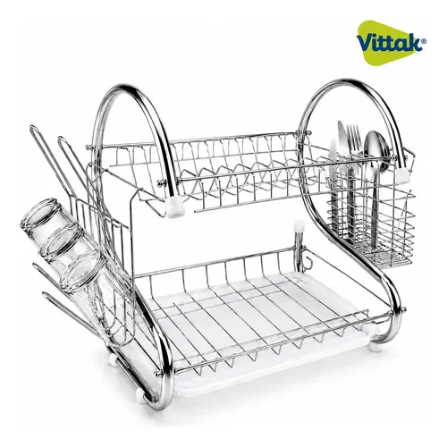 Vittak Escorredor Duplo De Louça Para 14 Pratos Talheres Com Bandeja Inox Cozinha Prateado