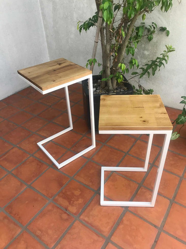 Mesa Arrime Doble Nido Encastrable Hierro Auxiliar Madera