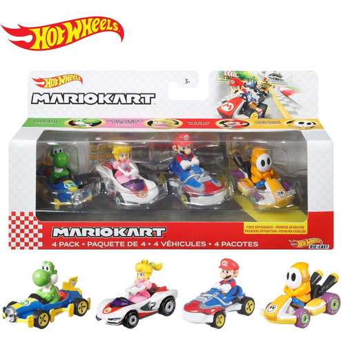 Juego De 4 Vehiculos Hot Wheels Mario Kart, 4 Favoritos D...