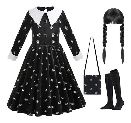 Vestido Gótica Negro Niña Halloween Cosplay Merlina Adams