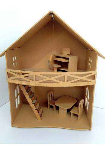 Casita De Muñecas Madera Fibrofacil + Muebles Barbis