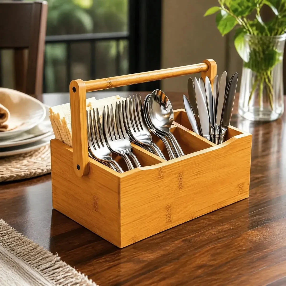 Porta Talheres Utensilios De Mesa Bambu Organizador Suporte Com Alça Resistente Nuun Marrom-claro
