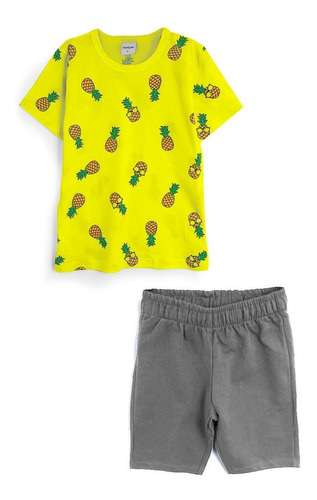 Conjunto Infantil Menino Short + Camiseta Abacaxi Tam 1 Ao 8