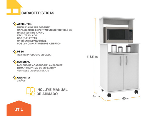 Imagen 3 de 6 de Mueble Casa Lista® Cocina Auxiliar 2 Puertas Para Microondas