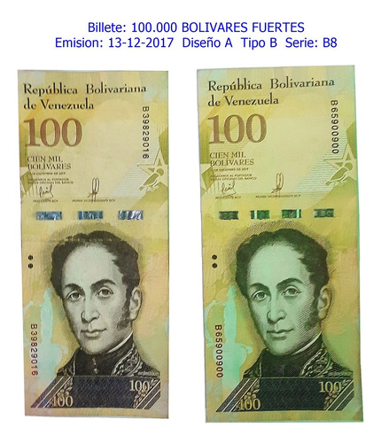 Billetes Antiguos De Venezuela 100.000 Bs F. 13-12-2017 B8