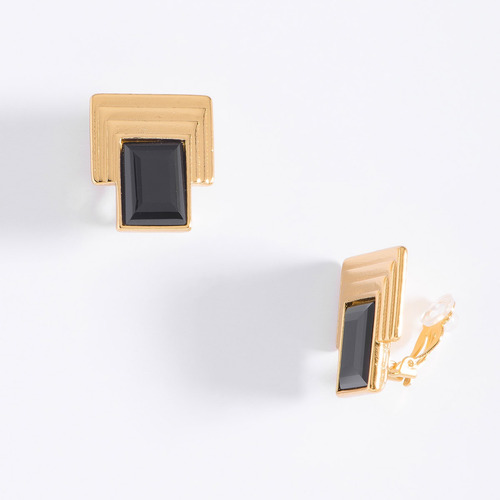 Arete Clip En Baño De Oro Con Cristal Negro Marca Nice