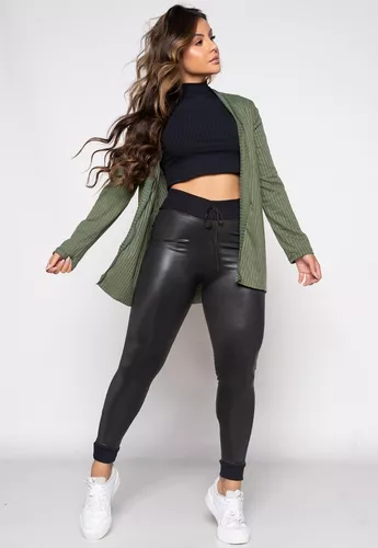 Leggings femininas de couro Wetlook cintura alta aparência de couro  sintético com bolsos