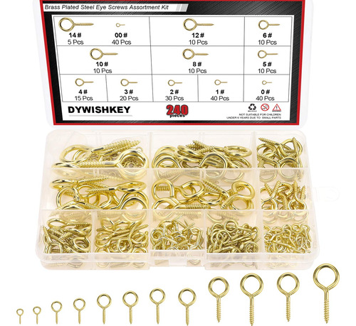 240pcs 12 Sizes Brass Plated Steel Eye Bolts Screw Eyes...