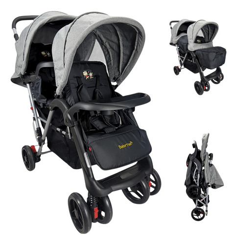 Carriola Gemelar Para Bebe Ruedas Con Freno Plegable Reclina Color Gris Chasis Gris