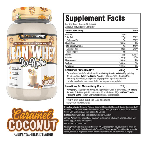 Proteína Musclesport Lean Whey Iso Hydro 2lb Caramel Coconut