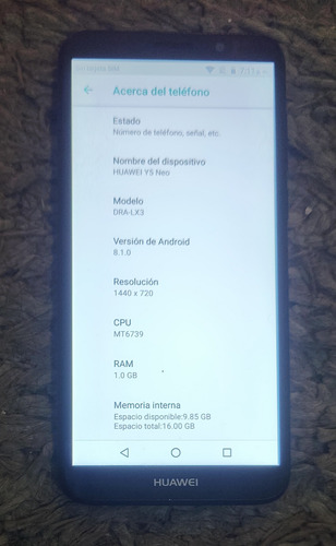 Huawei Y5 Neo, 16 Gb De Memoria Y 1 Gb Ram, Libre Para Cualquier Compañía, Sin Detalles, Todo Funciona Bien, Excelente Estetica Negro (Usado)