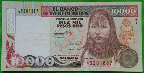 Billete De 10000 Pesos Oro, Embera. 1992