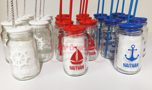 12 Frascos Vasos Souvenirs Nauticos Con Tapa Y Sorbetes