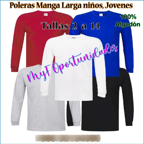 Polera Manga Larga Niños/as, Jóvenes, 100% Algodón Premium