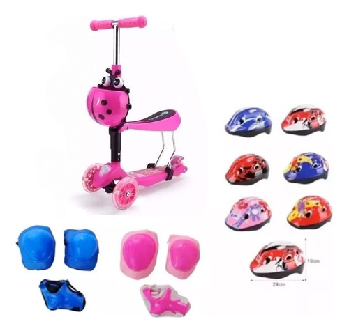 Scooter Monopatín 3 En 1 Ajustable Chinita + Set Protección