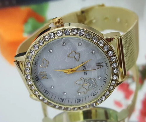 Reloj Mujer Dorado Mariposas Con Cristales Importado
