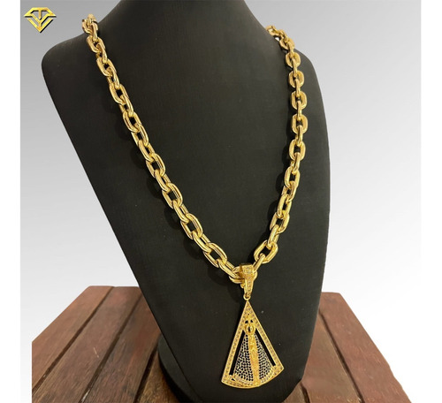 Corrente Cadeado 14mm + Pulseira + Ping Santa Banhado A Ouro