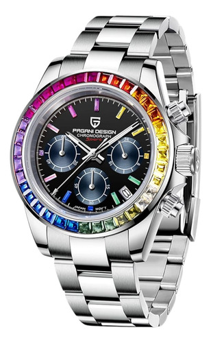 Reloj Pagani Design Daytona Arcoiris Cristales Cronografo Plateado Arcoíris Negro