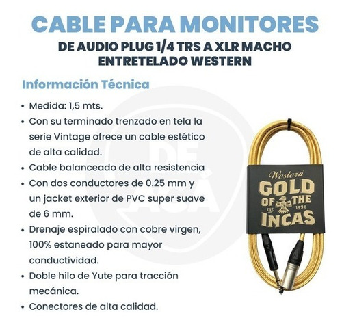 Cable Xlr M A Plug Trs Monitor Western 1.5mt Amarillo Tela