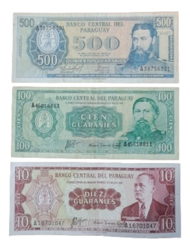 Paraguay X 3 Billetes 10 , 100 Y 500 Guaranies. Usados !!!