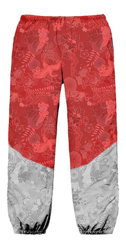 Calça Tactel Oriental Japão Floral Streetwear Rosas Vintage