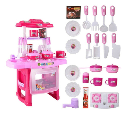 Cocinita Infantil Para Niñas Con Luz Y Sonido 24 Pcs Rosa