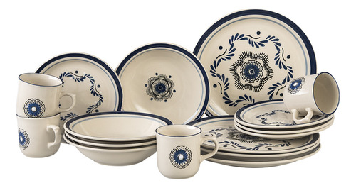 Vajilla De Porcelana Santa Anita De 16 Piezas Talavera Atlixco Color Blanco Y Azul