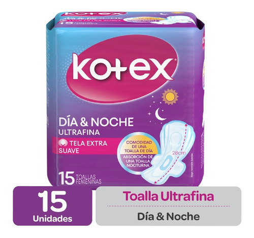 Toalla Femenina Kotex Noche Y Día Suave C/a - 15 Uds.