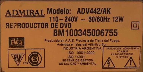 Reproductor Dvd Admiral Adv 442/ak