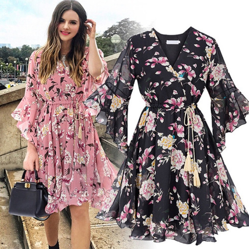 Vestido De Manga Acampanada Con Estampado Floral De Gasa