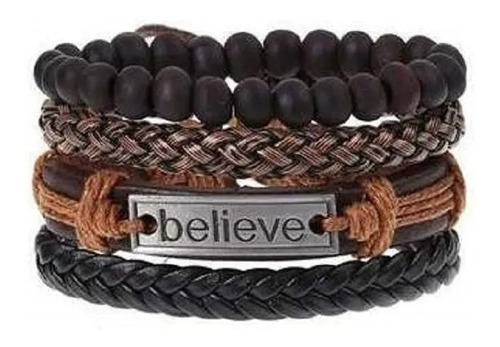 Conjunto Pulsera Brazalete Believe Moda Soga Cuero 4 En 1 