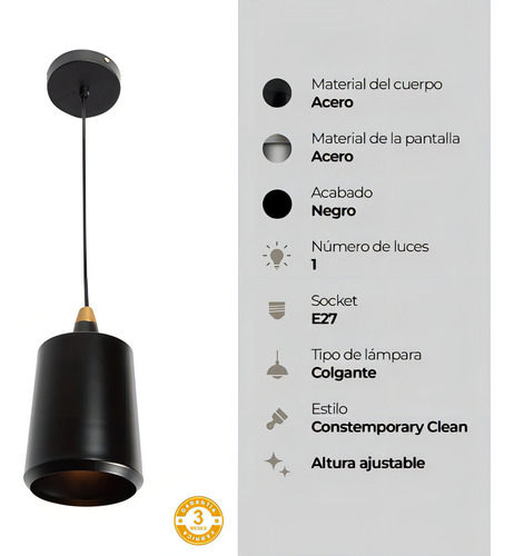 Lámpara Colgante Negro Mate Bronce E27 40w 1 Luz