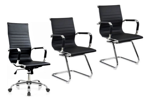 Kit Cadeiras Escritório, 1 Presidente +2 Fixa Charles Eames