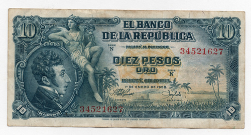 Colombia Diez Pesos Oro 1958