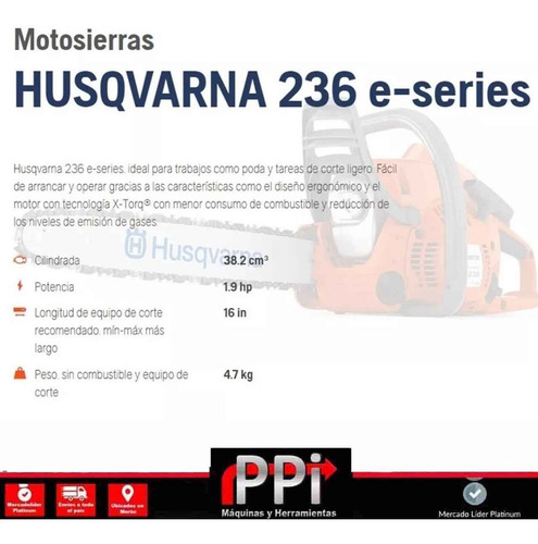 Imagen 2 de 8 de Motosierra Husqvarna 236e 38,2cc 40 Cm Eeuu Aceite Cadena