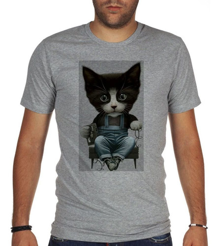 Remera De Hombre Cato Sentado Music Art Caricatura