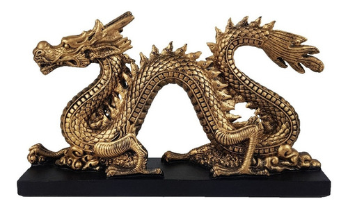 Dragão Chines Dourado Com Base Preta Decoração