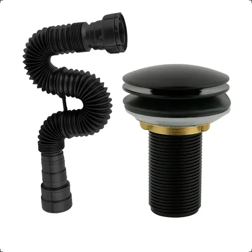 Válvula Click 7/8" Inox Preto Fosco com Sifão Sanfonado 70 cm Universal para Lav
