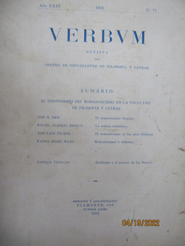 Revista Verbum Centro De Estudiantes Filosofia Nª 79 1931  