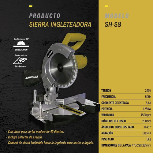 Sierra Ingletadora 1250w Shimura + Disco 200mm 40 Dientes