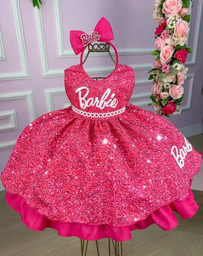Vestido Infantil Barbie Rosa Pink Brilho Aniversário Temático