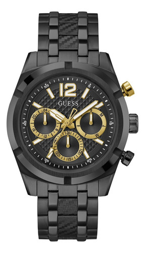 Reloj Para Hombre Guess Continental Color Plateado Gw0260g1 Correa Negro2 Bisel Dorado Fondo Negro