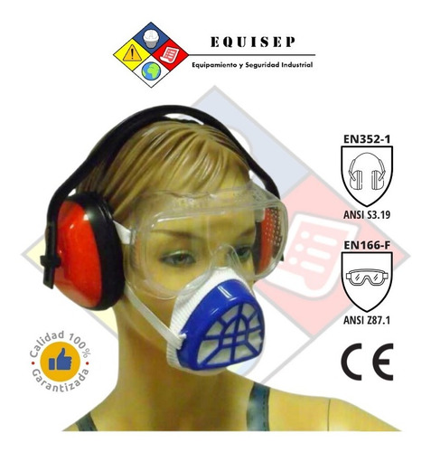 Imagen 5 de 10 de Kit Epp 3 Piezas | Orejera + Mascarilla Pvc + Monogafa Pvc