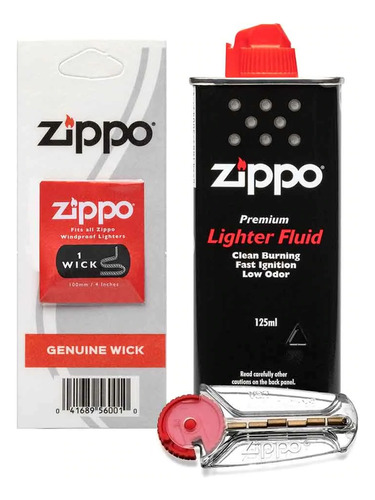 Kit Zippo Fluido Premium 125ml + 1 Mecha + 1 Set Piedra 