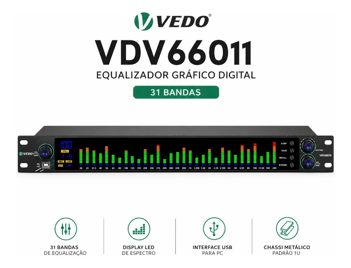 Profissional Equalizador Digital Vedo 31 Bandas Canal Duplo