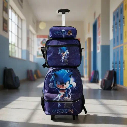 Mochila Rodinha Sonic 2 Com Estojo E Lancheira Infantil