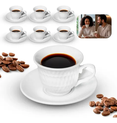 Jogo Xícaras Café Brancas Com Pires 12 Peças Porcelana 90ml Branco Com Relevo Premium