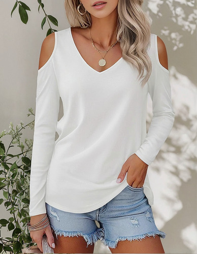 Playera Casual De Manga Larga Con Cuello En V Para Mujer